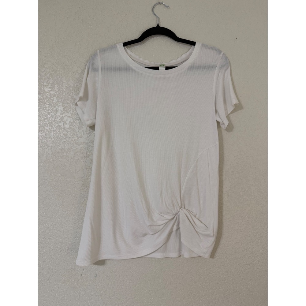 Green Tea Women's White Ribbed Short Sleeve Side Knot Top Medium